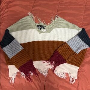 Fringed V-Neck Striped Sweater